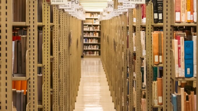 Information gratuite au service des commerçants : Un levier essentiel pour la réussite Une longue allée de bibliothèque bordée de livres a disposition des commerces