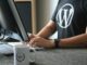 Webmaster Wordpress en t-shirt noir et blanc utilisant un ordinateur